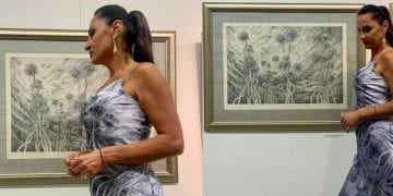 მწერალმა თეონა დოლენჯაშვილმა ხახვის ყვავილებიანი პრინტით ყველას ყურადღება მიიქცია